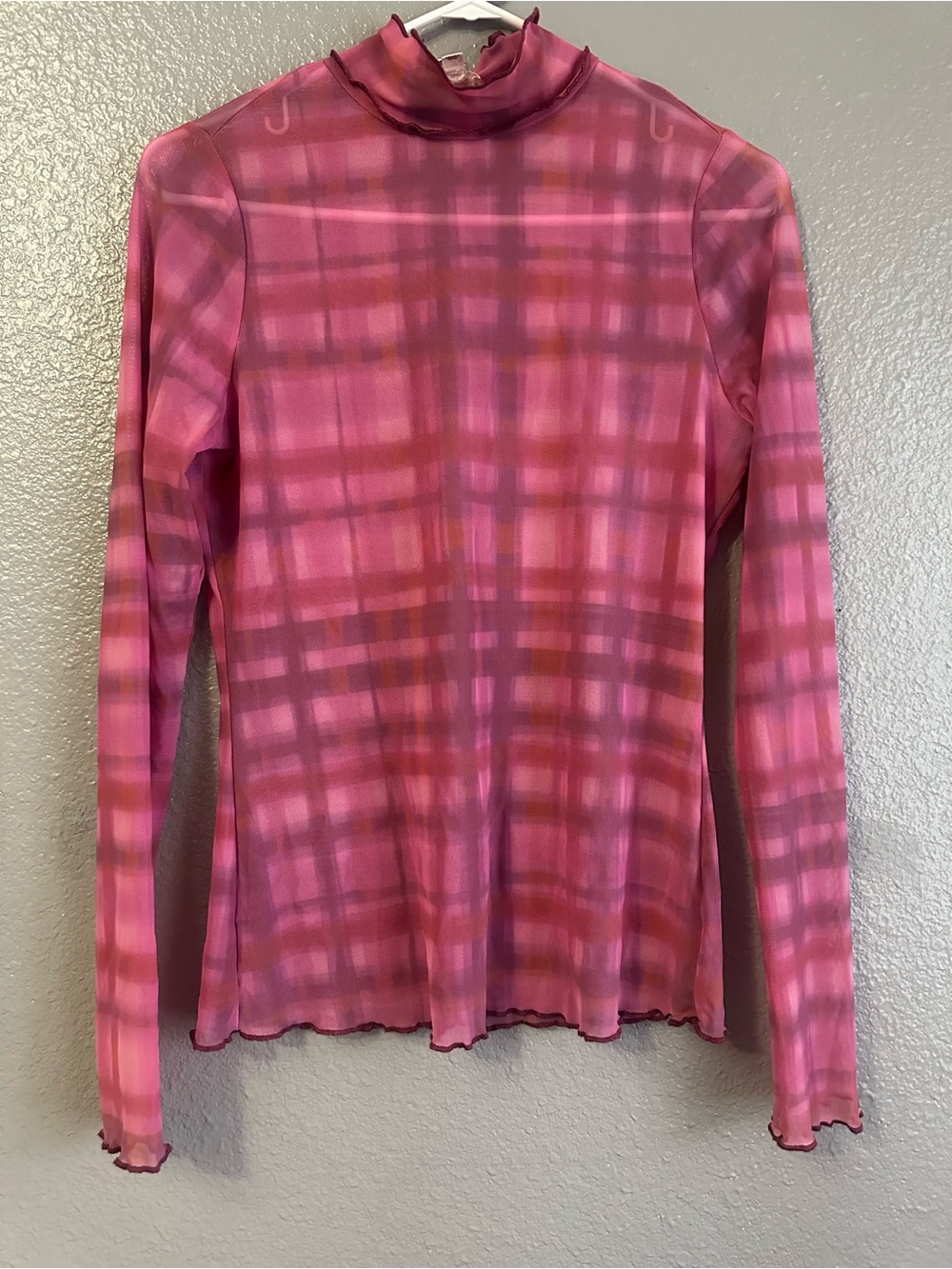 Pilcro Pink Plaid Sheer Mock Neck Long-Sleeve Top M